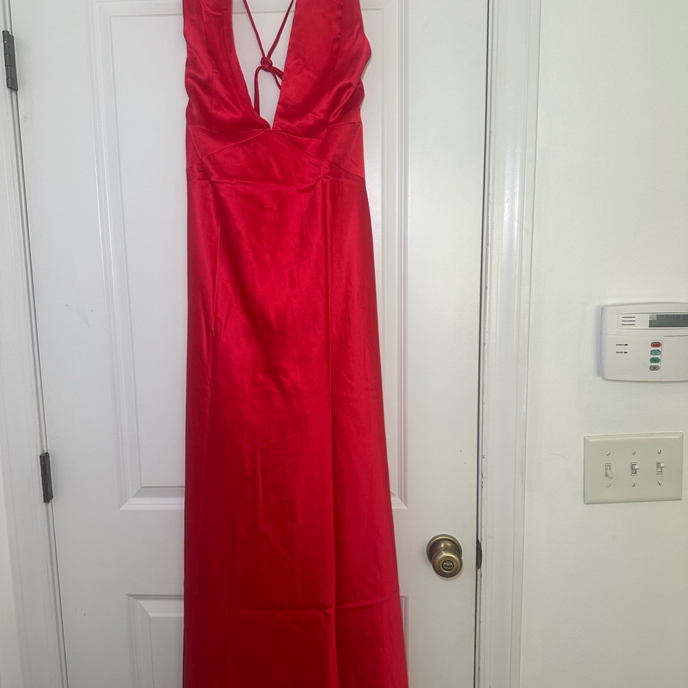 Peppermayo Red Satin Backless V-Neck Maxi Dress